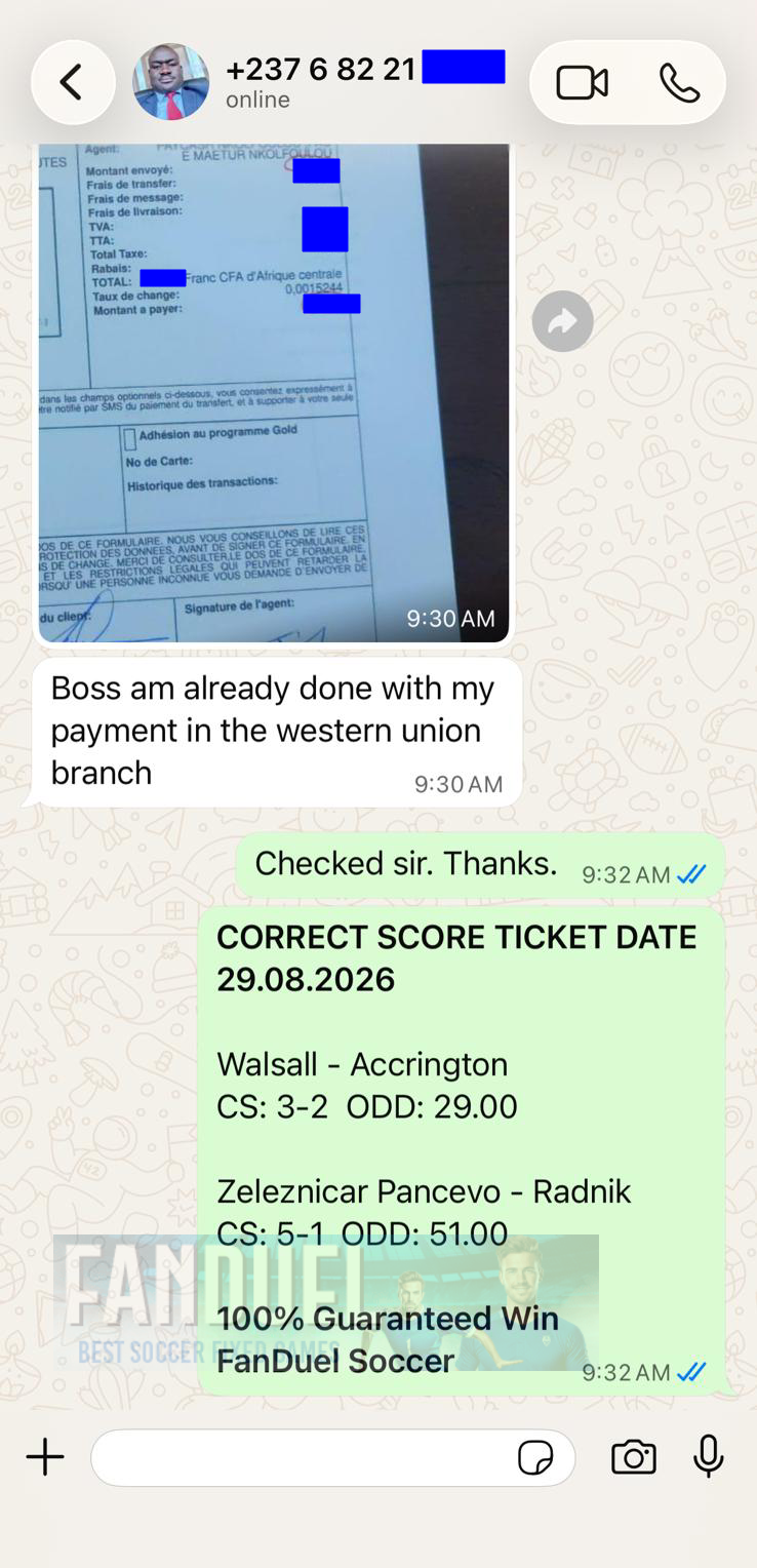 fixed correct score ticket whatsapp proof 29.08.2026