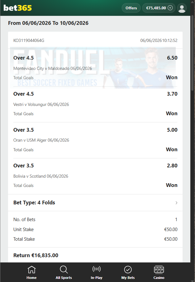 Over/Under Fixed Matches Bet365 Proof 06.06.2026