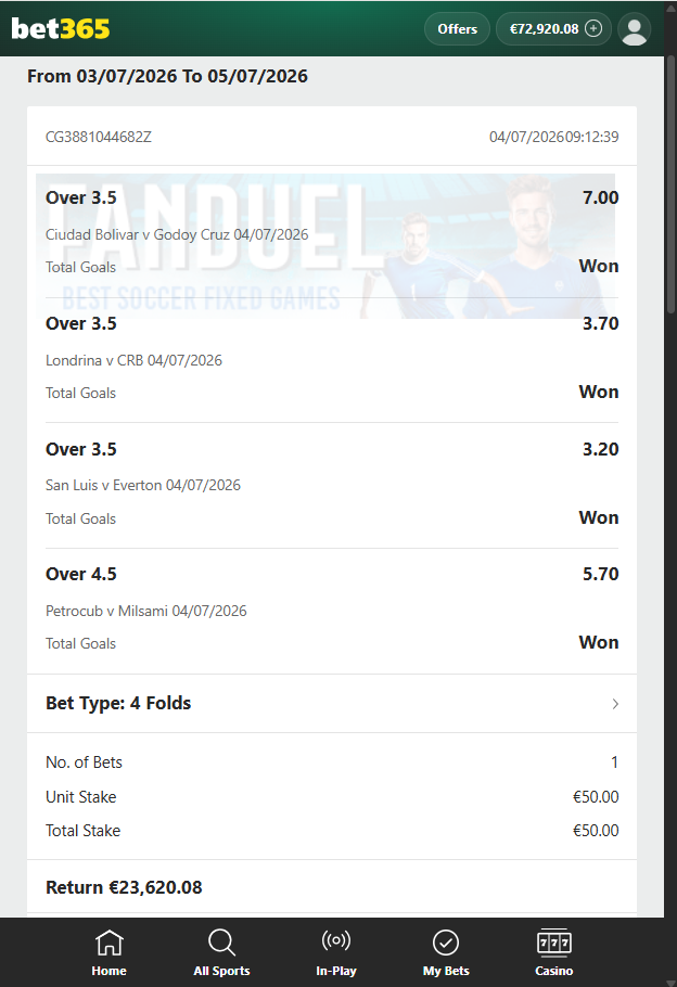 Over/Under Fixed Matches Bet365 Proof 04.07.2026