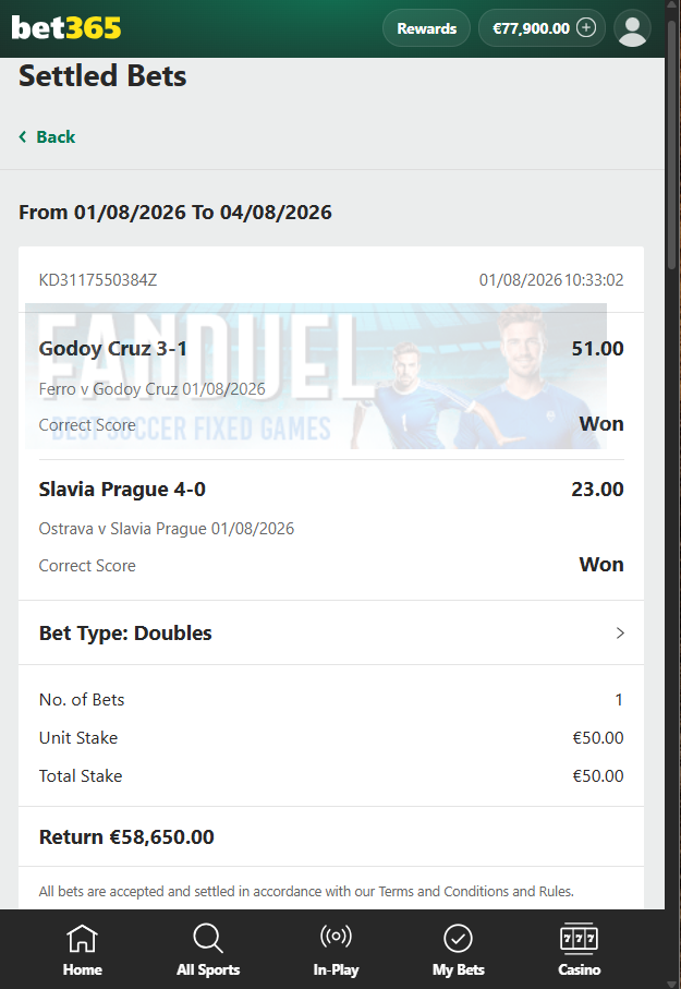 Correct Score Fixed Matches Bet365 Proof 01.08.2026