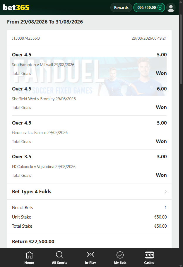 Over/Under Fixed Matches Bet365 Proof 29.08.2026