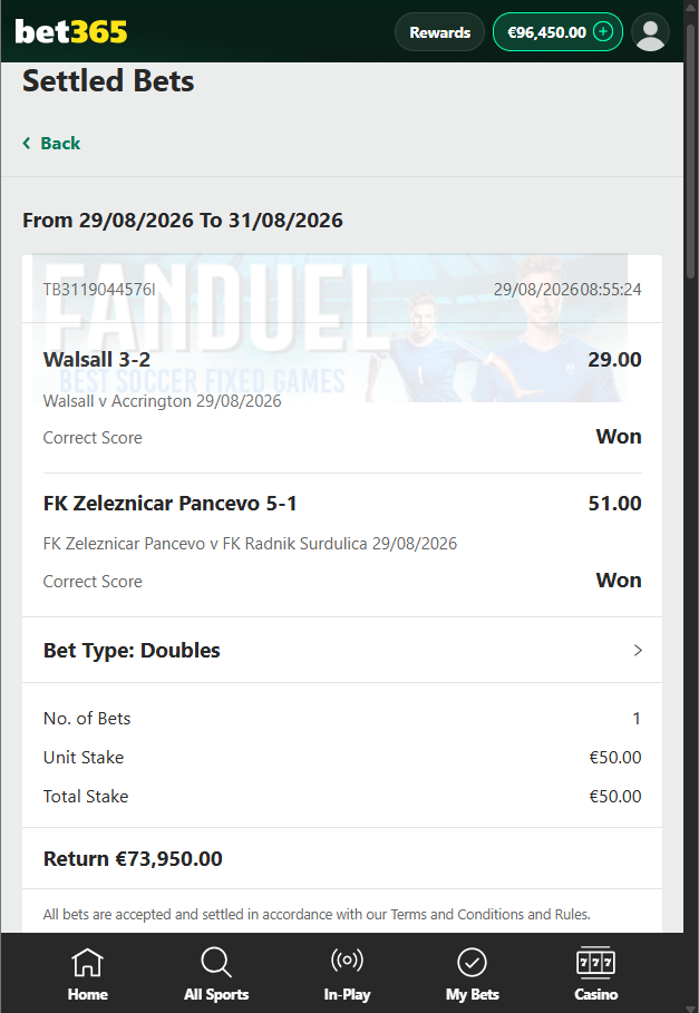 Correct Score Fixed Matches Bet365 Proof 29.08.2026