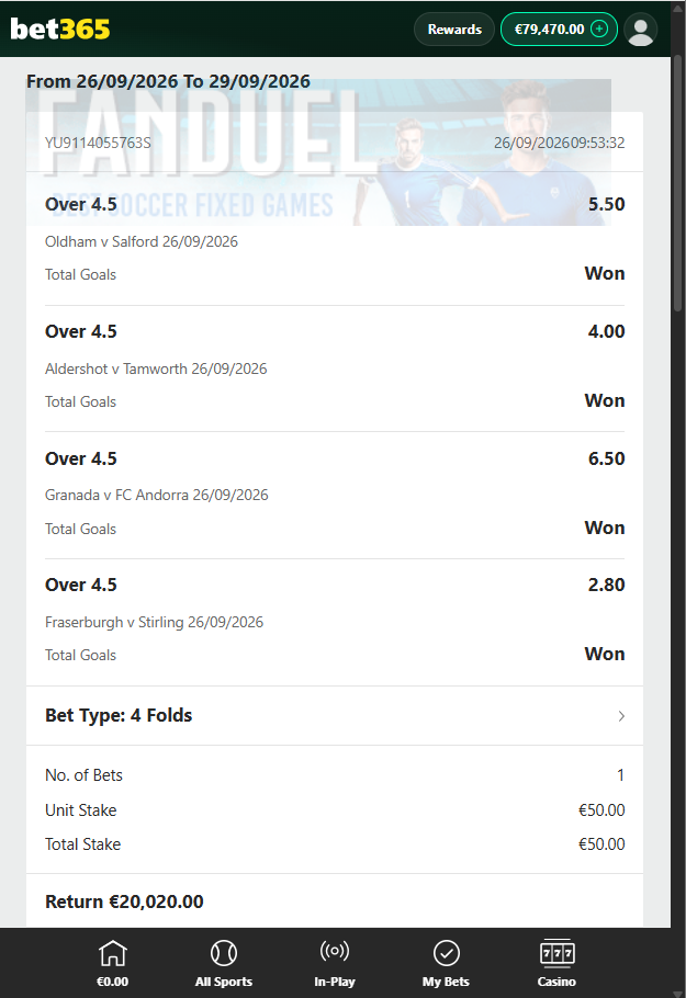 Over/Under Fixed Matches Bet365 Proof 26.09.2026